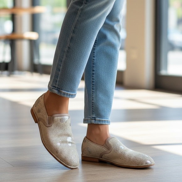 H.S. TRASK Ali Metallic Silver/Taupe Gray Calf Hair Loafers Flats, Women’s 8.5 - Picture 1 of 10